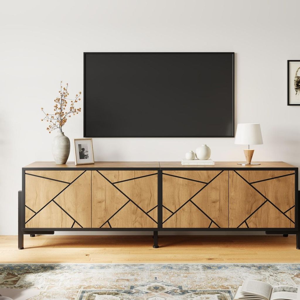 TV-Schrank mit 4 Türen Kontrastierendem Geometrischem Design TV-Tisch TV-Ständer TV Board für Fernseher um die 65 Zoll 153 x 40 x 50 cm Natural