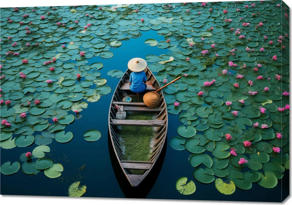 Quadro 100x70cm Barca tra i gigli d'acqua - Tela Canvas Alta Qualità
