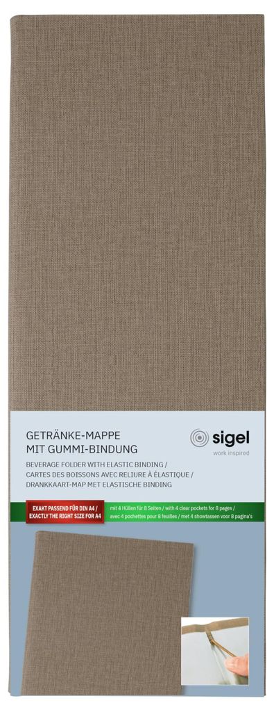 Getränkekarte, beige, 1/2 A4, mit 4 Hüllen für 8 Blätter