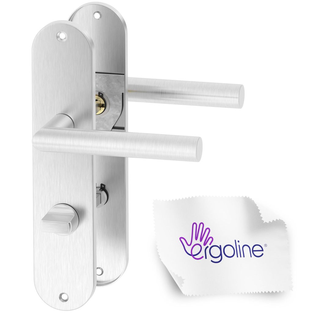 A pair of stainless steel door handles with a lock mechanism and a cleaning cloth with a logo.