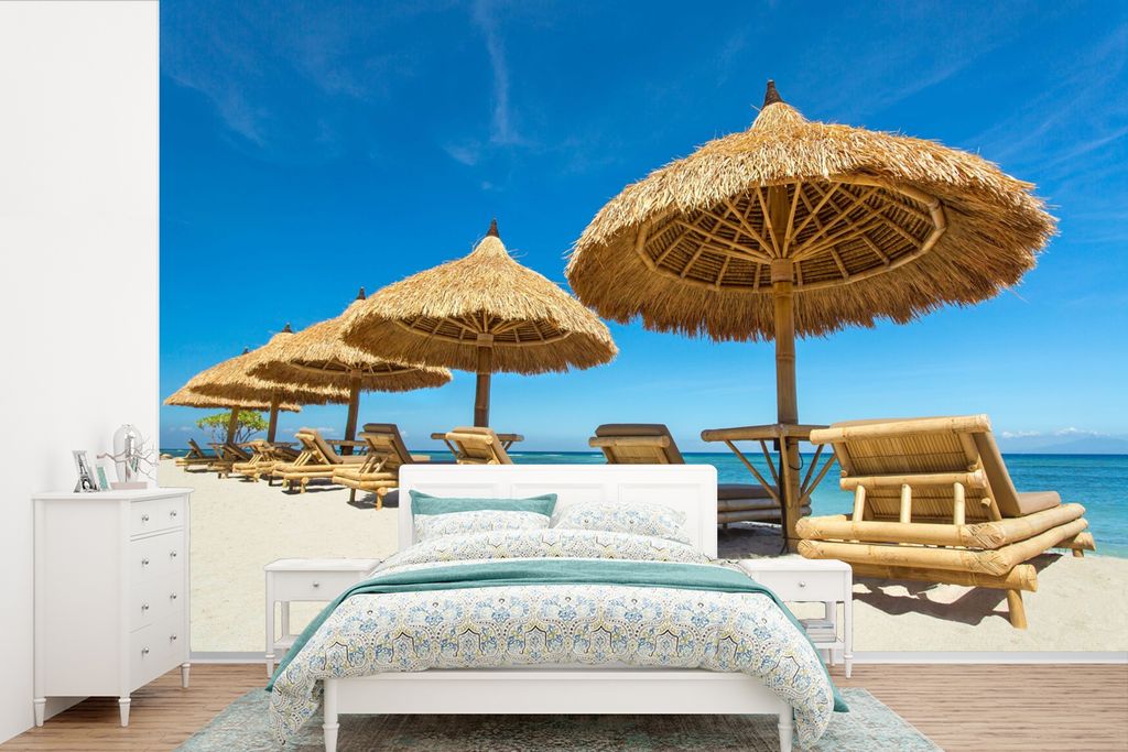 MuchoWow Fototapete für Wohnzimmer oder Schlafzimmer Wandtapete Vinyl Motivtapete Strandkorb - Strand - Sonnenschirm - Meer - Sommer - 390x260 c...