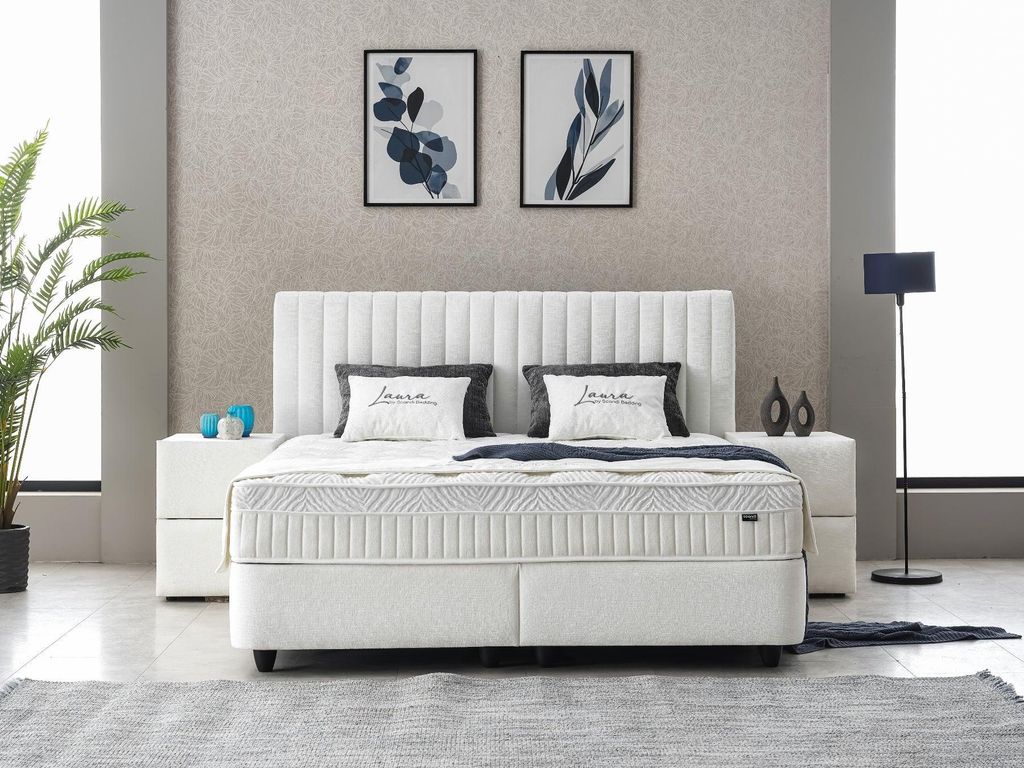 Boxspringbett Laura 180 x 200 cm mit 2 Nachtkonsolen Cremeweiß Voll-orthopädisches Komfortbett mit Bettkasten, inkl. Lieferung und Montage