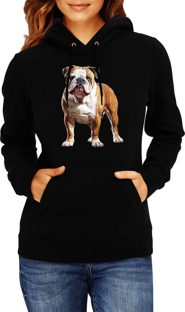 Damen Kapuzenpullover Dogs Breeds English Bulldog Dog Breed 005, Lady 2XL / Schwarz