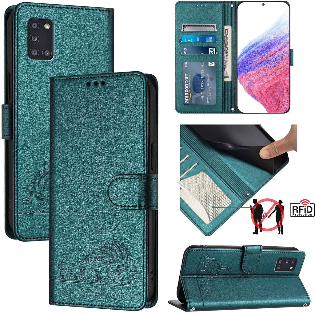 Leder Hülle für Samsung Galaxy A31 Süße Katze Flip Case Brieftasche Schutzhülle mit Standfunktion Grün