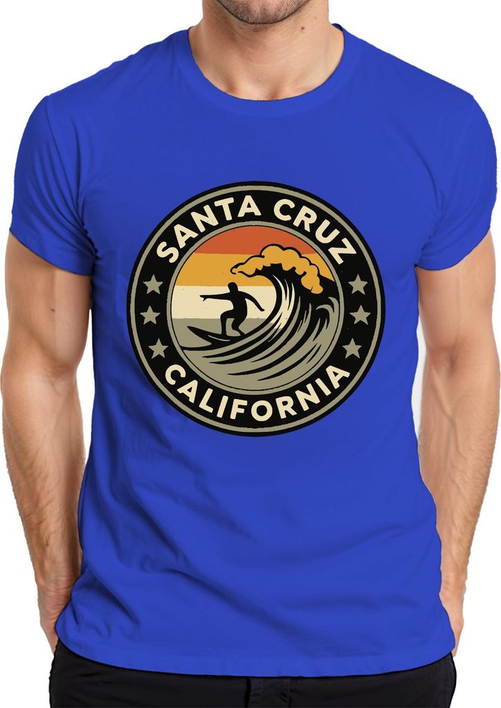 Santa Cruz California Surfer Welle Retro Strand Küste Vintage Herren T-Shirt, Blau, M