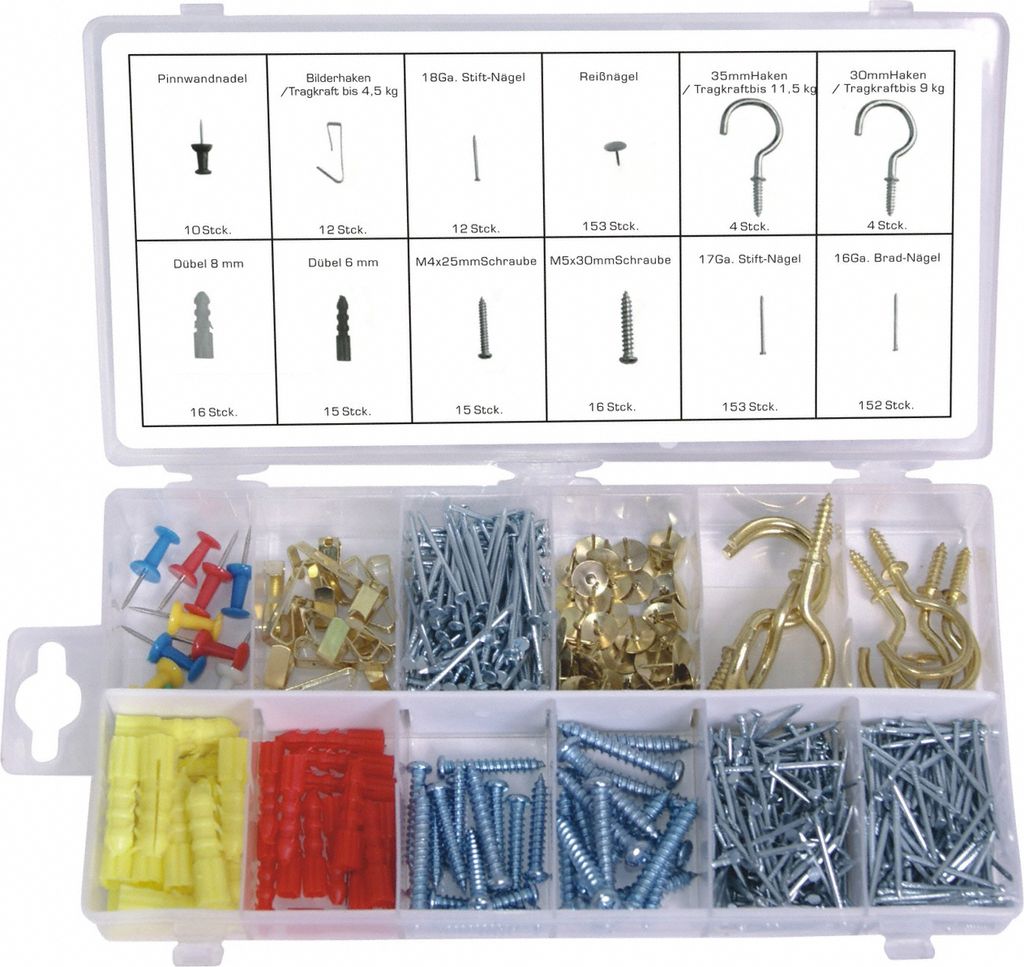 Haushaltssortiment Haken Schraube Reißnägel Dübel Stift-Nägel Nadel etc. 600-tlg