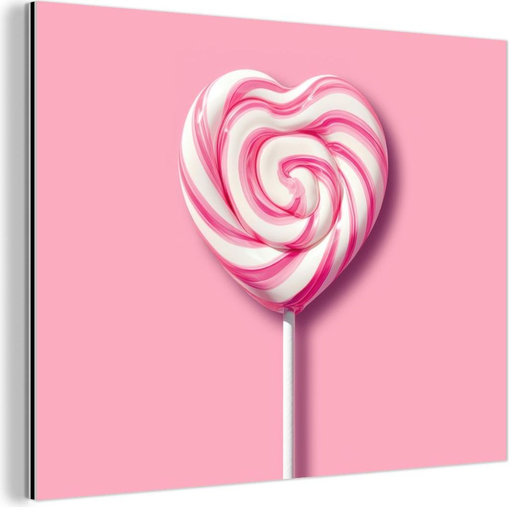 MuchoWow Wanddekoration Metall Metallbild Wandkunst 80x60 cm Süßigkeit - Lutscher - Herz - Rosa MuchoWow Aluminium Gemälde - Alubild