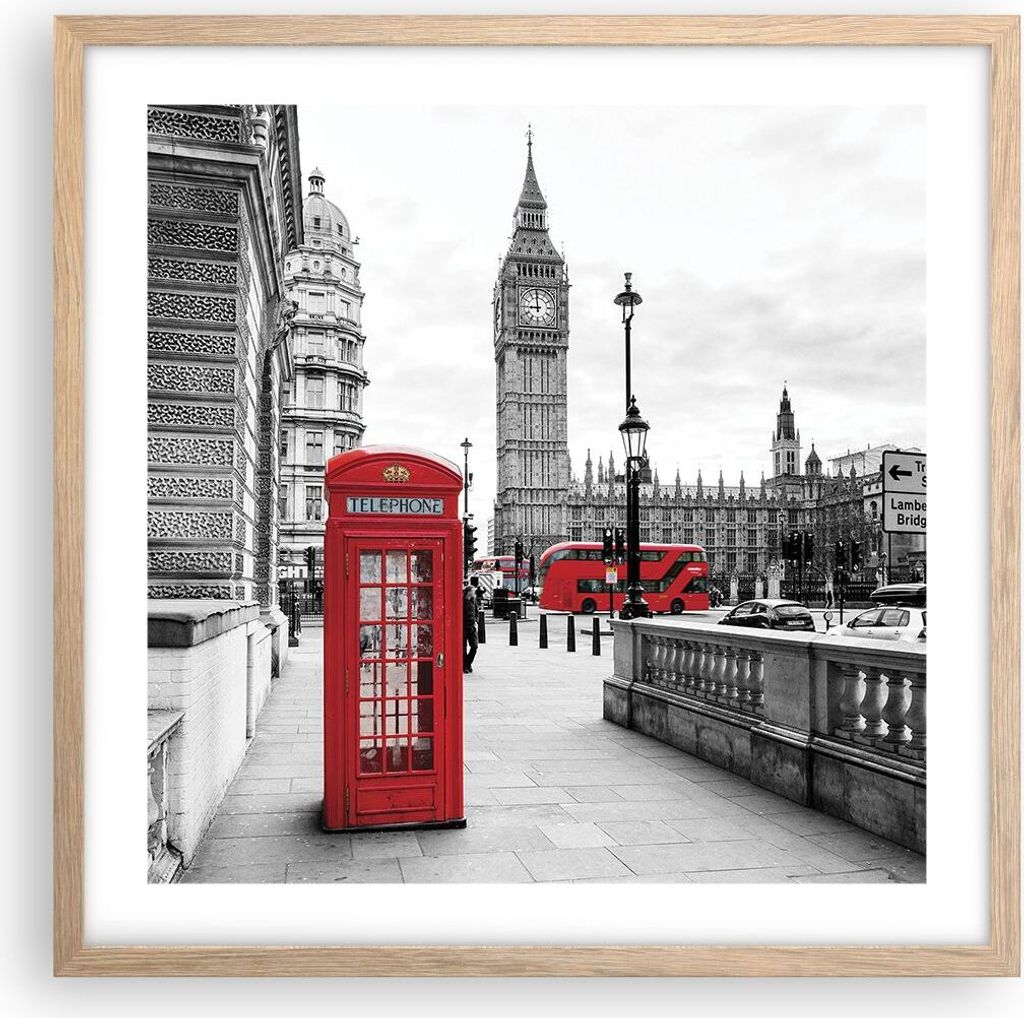 Gerahmtes Poster - Rahmen in heller Eiche - Schuppen Telefon London - 50x50 cm - Wand Bild - Wanddeko - Wandbilder - Wandposter - Bilderrahmen - Bi...