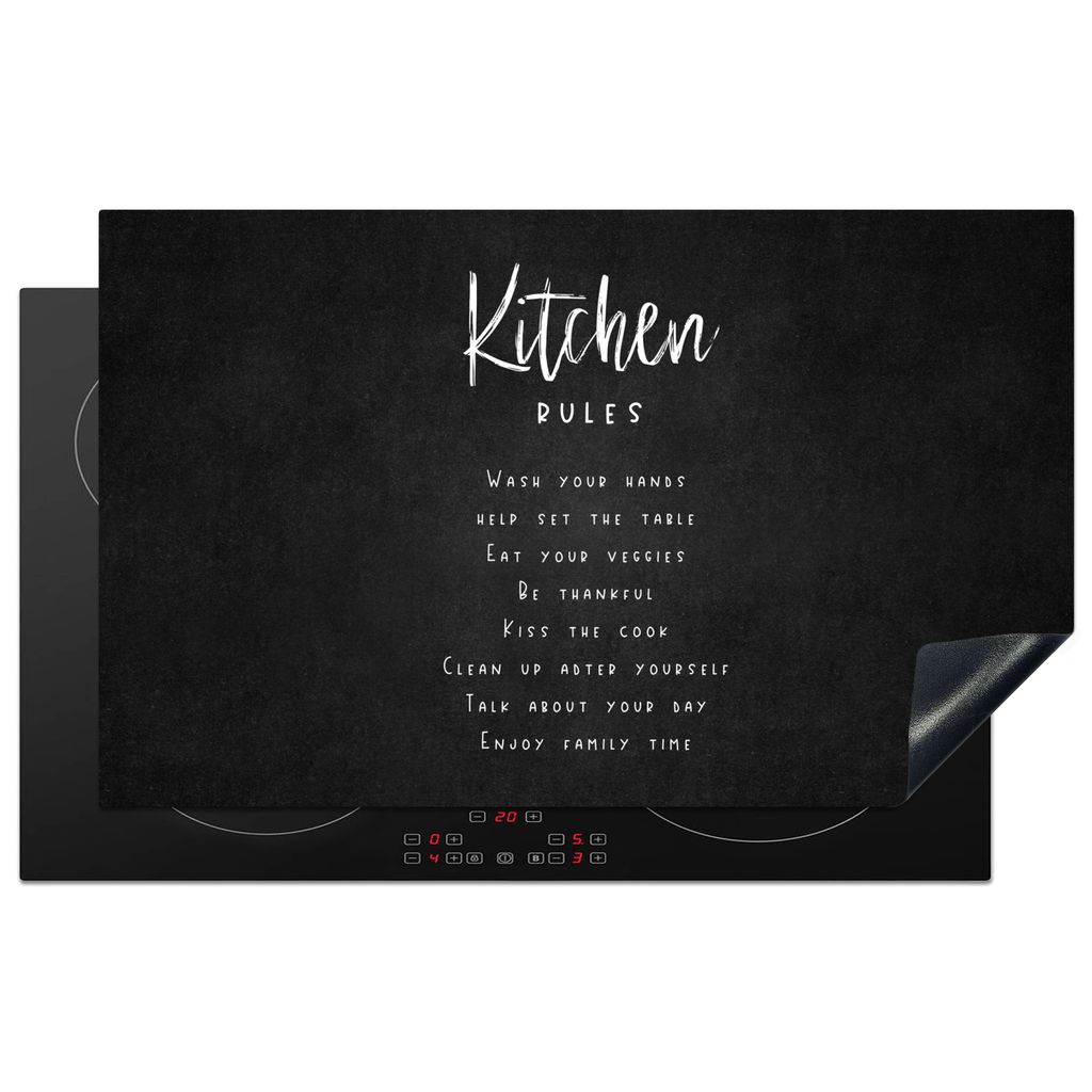 KitchenYeah Herdabdeckplatte Küchenregeln - Schwarz - Weiß , 83x51cm, Küche Deko, Glaskeramikkochfeld Herdabdeckung, Abdeckplatte fùr Kochfeld