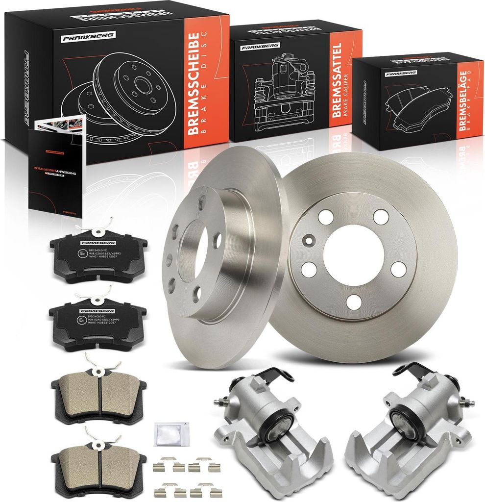 Frankberg 2x Bremssattel+2x Bremsscheiben+4x Bremsbeläge Hinten für VW Golf IV 1J1 New Beetle 1C1 9C1