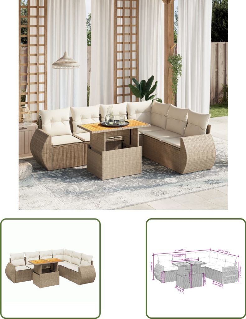 The Living Store 7-tlg. Garten-Sofagarnitur mit Kissen Beige Poly Rattan