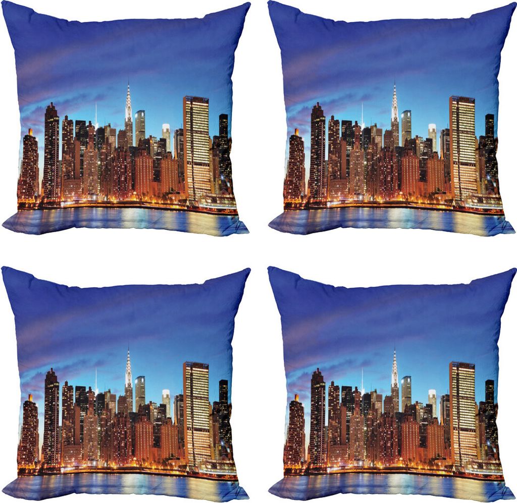 ABAKUHAUS NYC Szene Kissenbezug Set (4 Stück), Manhattan Stadt Panorama, Moderner Doppelseitiger Digitaldruck, 60 cm x 60 cm, Dunkelviolett Multic...