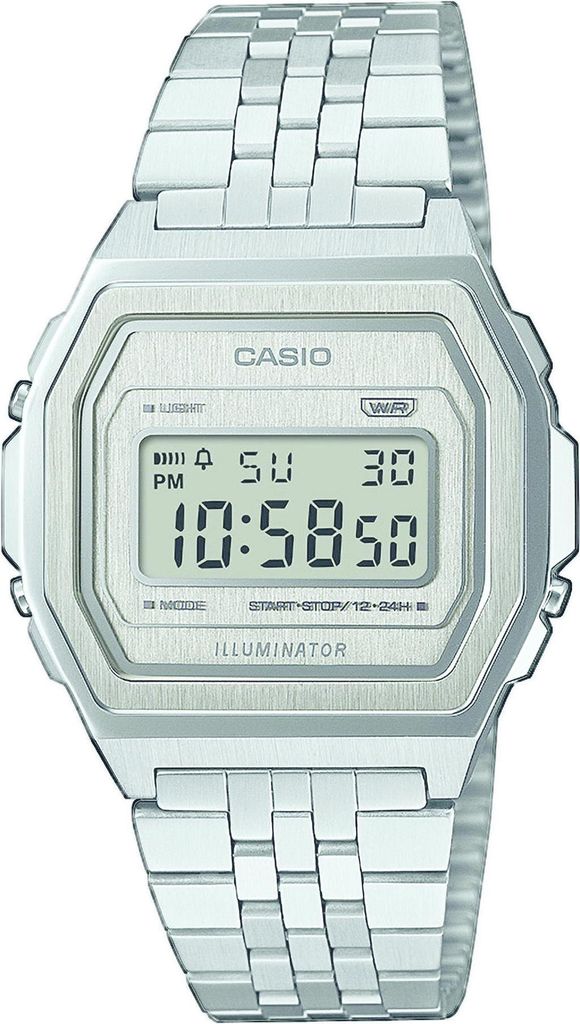 A close-up studio shot of a silver digital watch.