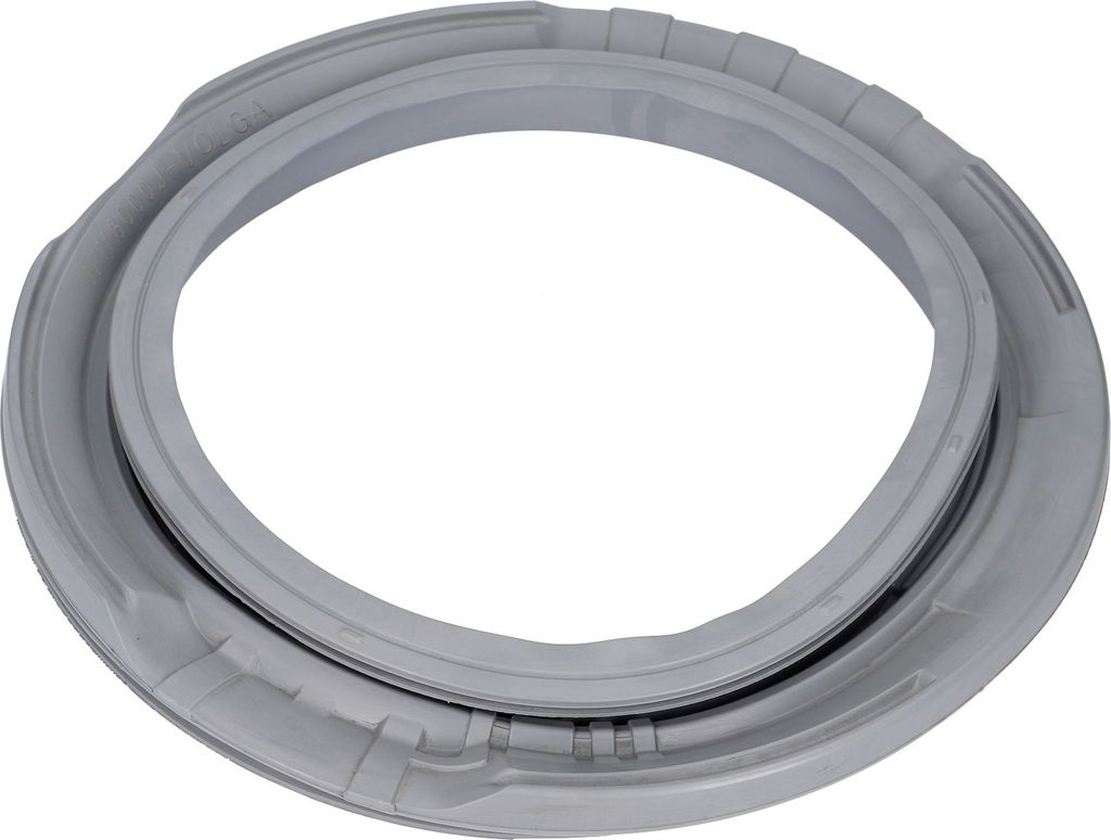 A grey rubber door seal for a washing machine.