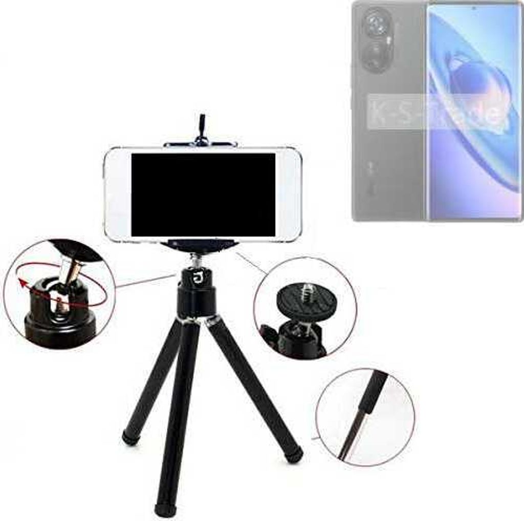 K-S-Trade Smartphone Stativ Dreibein kompatibel mit Blackview A2000 Pro Tripod aus Aluminium Klemmstativ Stativ Adapter für Mobiltelefone schwarz 1x