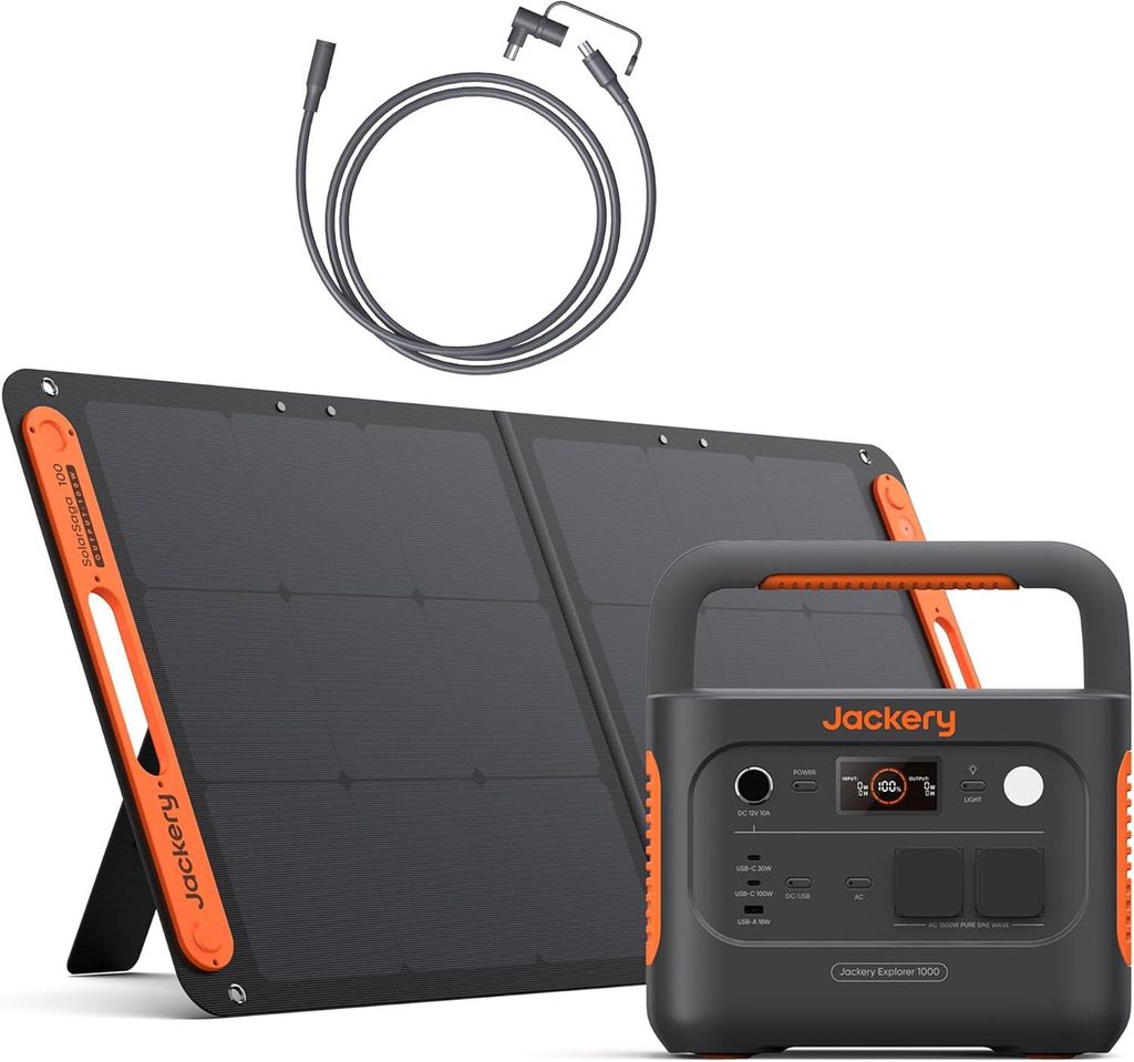 Jackery E1000 v2 Tragbare Powerstation mit 100W Solarpanel mit 5M DC Solarpanel Verlängerungskabel, 1070Wh LiFePO4 Solargenerator,1 Std. Schnellla...