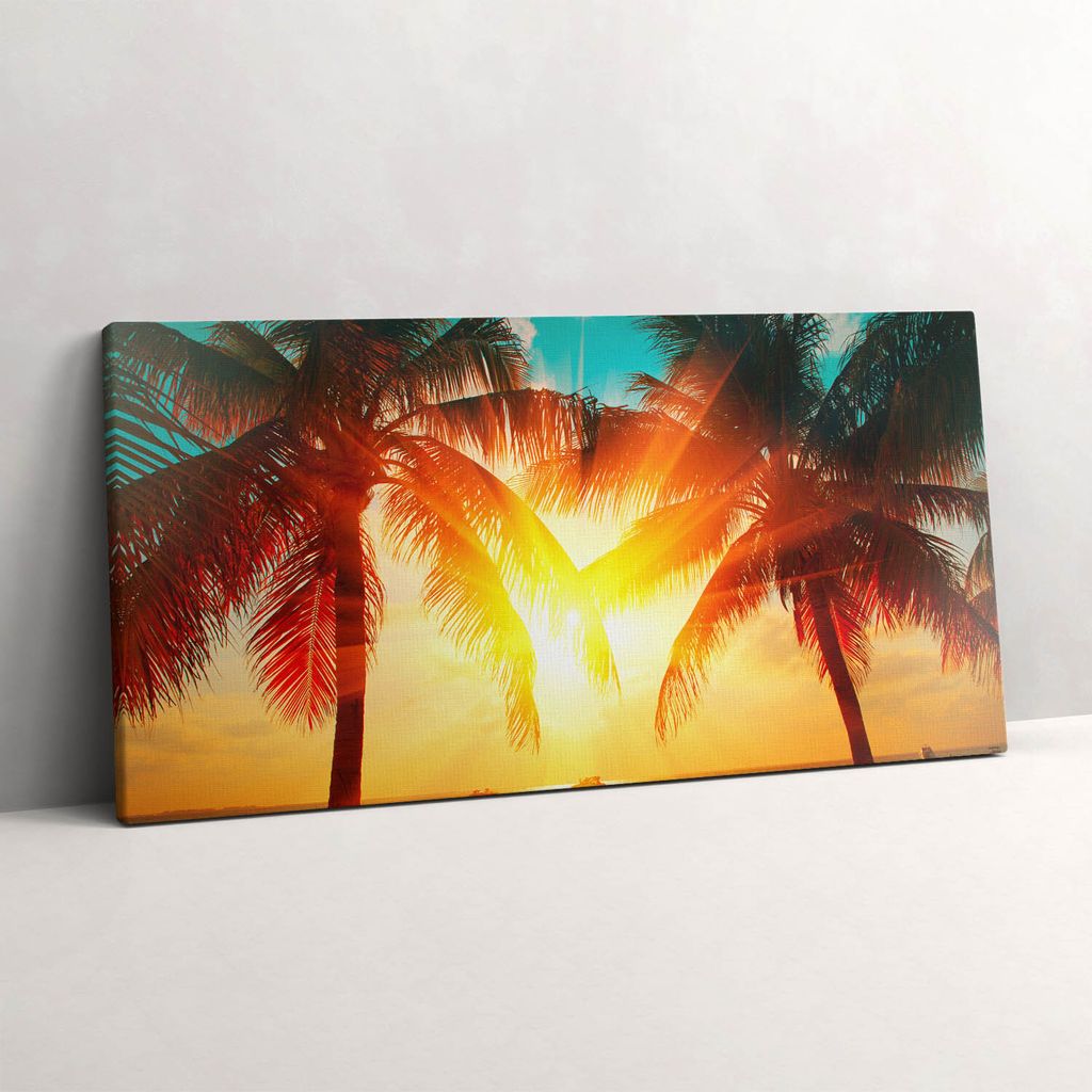 Urlaubsansicht - Palmen bei Sonnenuntergang – Leinwandbild Wandbild – 100x50 cm – Leinwandbilder – Wandbilder – Schlafzimmer – Flur