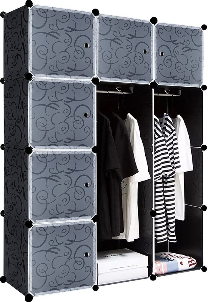 JOIEYOU Kleiderschrank Garderobenschrank Steckregalsystem DIY Kleiderschränke Kunststoffschrank mit Tür Regalsystem Schrank Standregal (Schwarz, ...