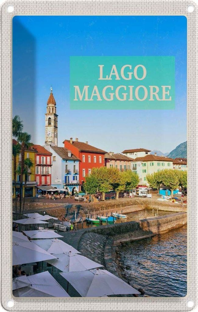vianmo Blechschild 18x12 cm Lago Maggiore Gebäude Meer Schirm Bildmotiv Reisemotiv Abenteuer Reisen Urlaub