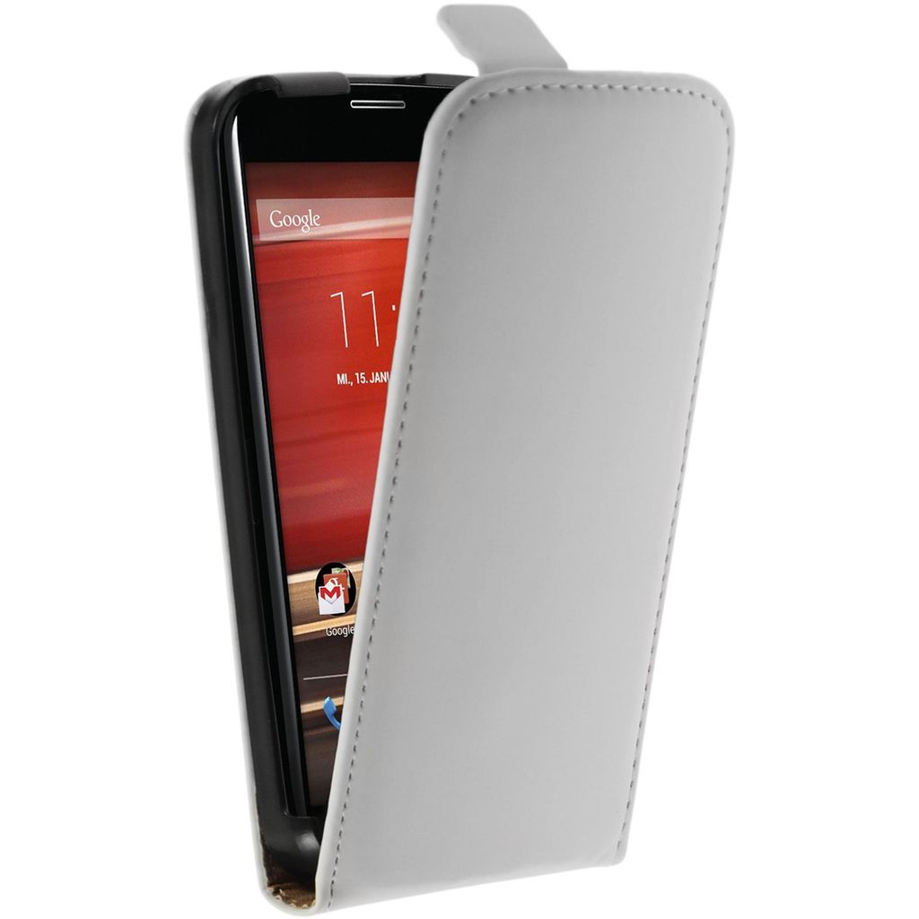 PhoneNatic Kunst-Lederhülle kompatibel mit Motorola Moto X - Flip-Case weiß + 2 Schutzfolien