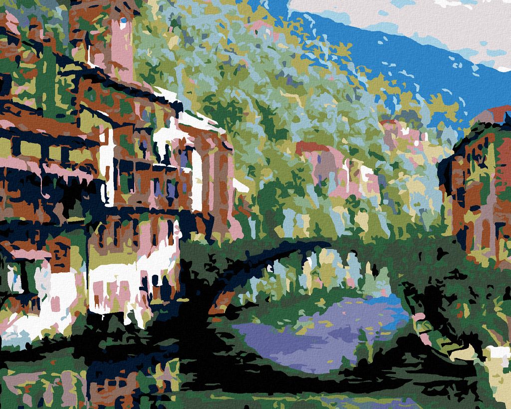 Zuty - Malen nach Zahlen - FLUSS ZWISCHEN DEN HÄUSERN, 40x50 cm, mit Keilrahmen (bereits gespannt)