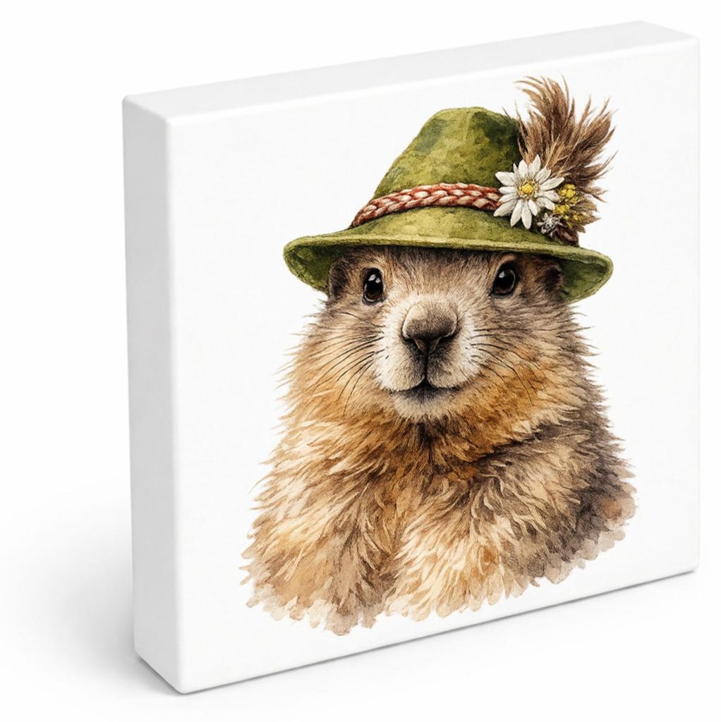 Trachtenhut Berge-Tiere Murmeltier Holzbild in 15x15 cm zum Stellen oder