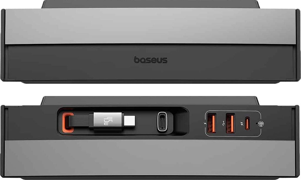 A product shot of a black and gray USB hub with orange accents, showing its ports and an integrated cable.