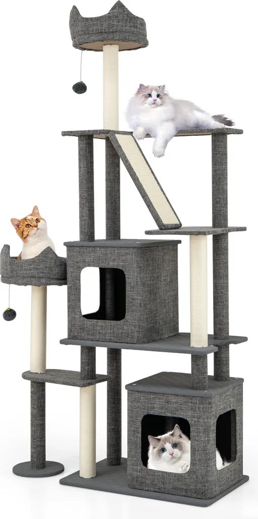 COSTWAY Arbre à chat 180cm Gris avec 2 Niches et Griffoirs en Sisal