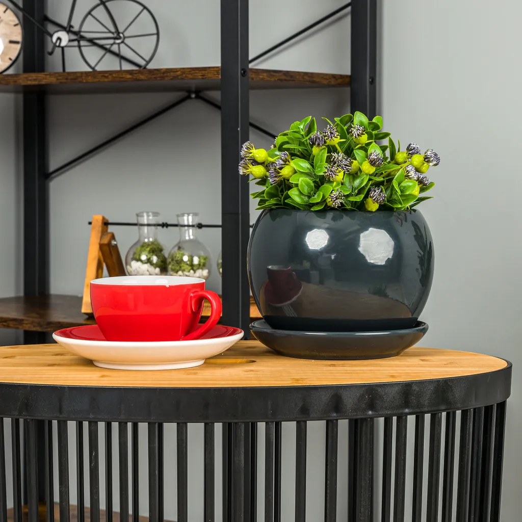 Cache-pot rond en céramique émaillée vert bouteille avec soucoupe - 8