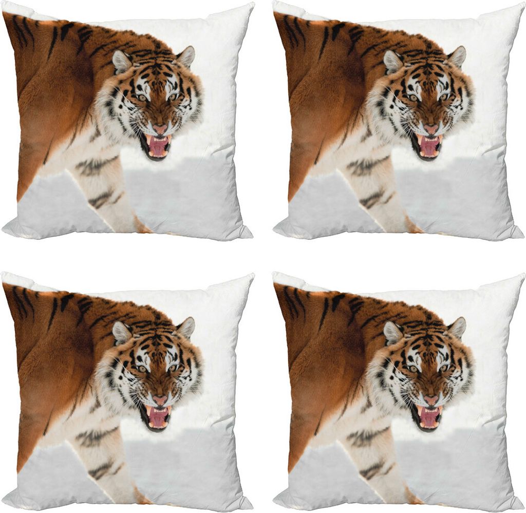 ABAKUHAUS Tiger Kissenbezug Set (4 Stück), Panthera auf Schnee Schließen, Moderner Doppelseitiger Digitaldruck, 50 cm x 50 cm, Hellbraun