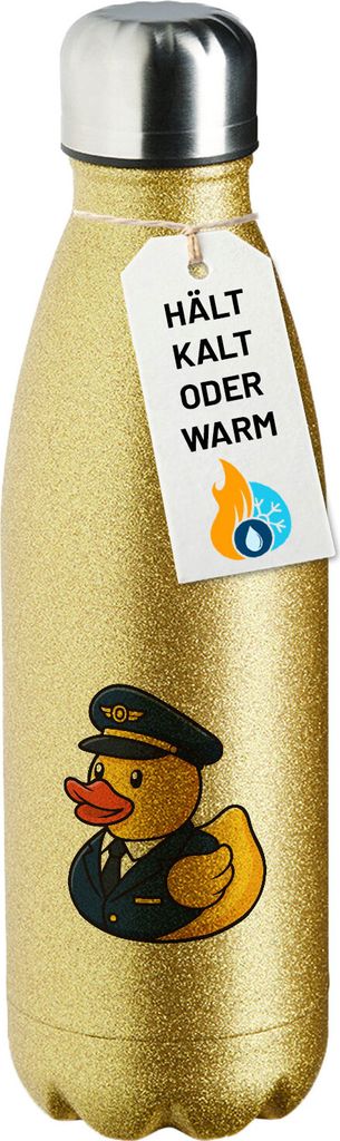 Huuraa Trinkflasche Quietscheente Pilot Gummiente Flugkapitän 500ml Gold Edelstahl Wasserflasche Trinkflasche Geschenkidee