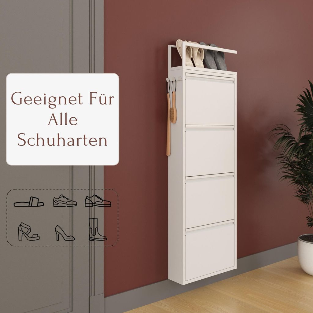 Furni24 Metall Schuhschrank Weiß schmal – Schuhkipper 4 Klappen mit Pantoffelregal & Hakenleiste, platzsparender Schuhschrank Flur, komplett vor...
