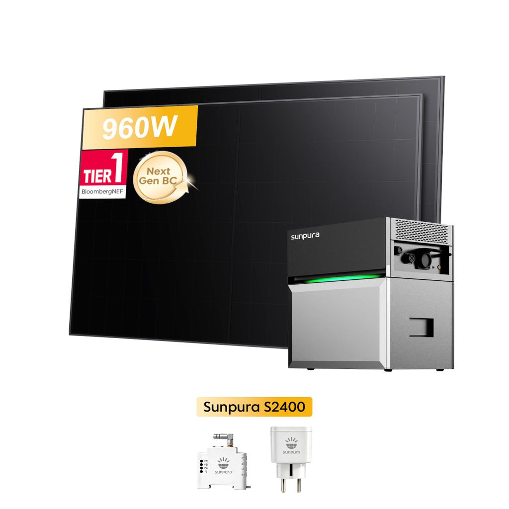 Balkonkraftwerk mit Speicher, Sunpura S2400 All-in-One Speichersystem mit Sunpro 960W BC Bifazial Solarpanel und Smarter Zähler & Smart Plug(0% MwSt)