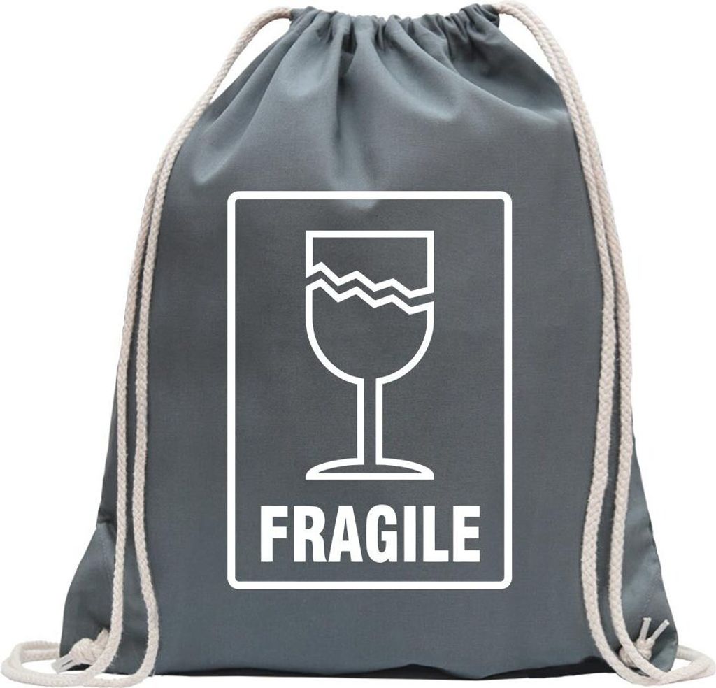 Kiwistar - Turnbeutel - stahlgrau - Zerbrechlich - Fragile - Fun Rucksack Sport Beutel Gymsack Baumwolle mit Ziehgurt