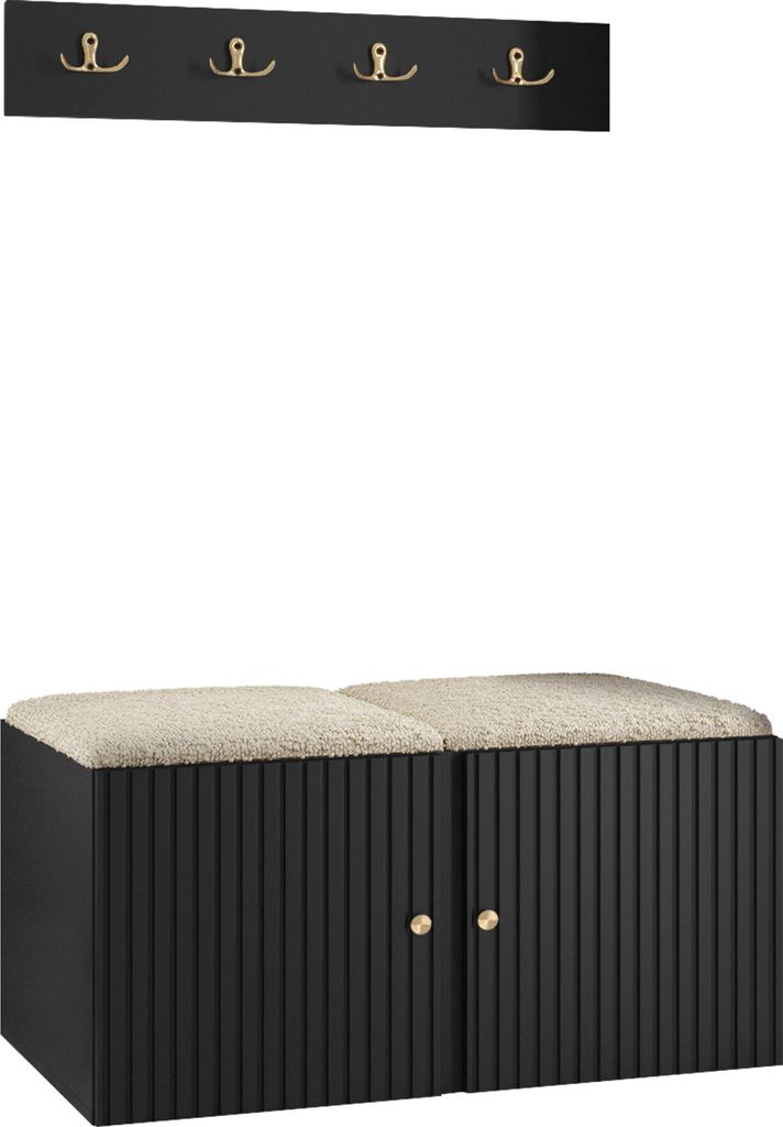 MIRJAN24 Garderoben-Set Orion Ryfel Slim VI, Schuhschrank, Kleiderhakenbrett, 2x Sitzpaneel 42x42, Metallgriffe, 4 Kleiderhaken (Farbe: Schwarz, Ab...