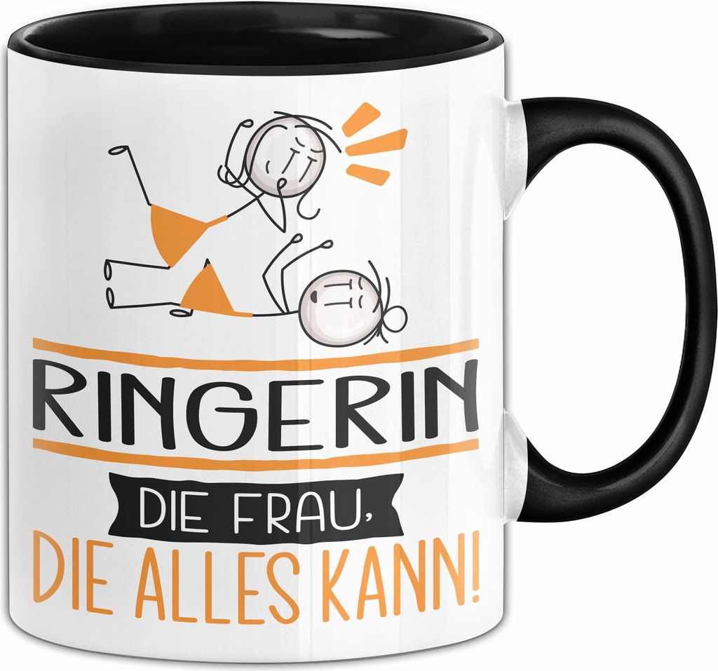 Ringerin Geschenk Tasse Becher Die Frau Die Allen Kann Geschenkidee für eine Ringerin Lustig (Schwarz)