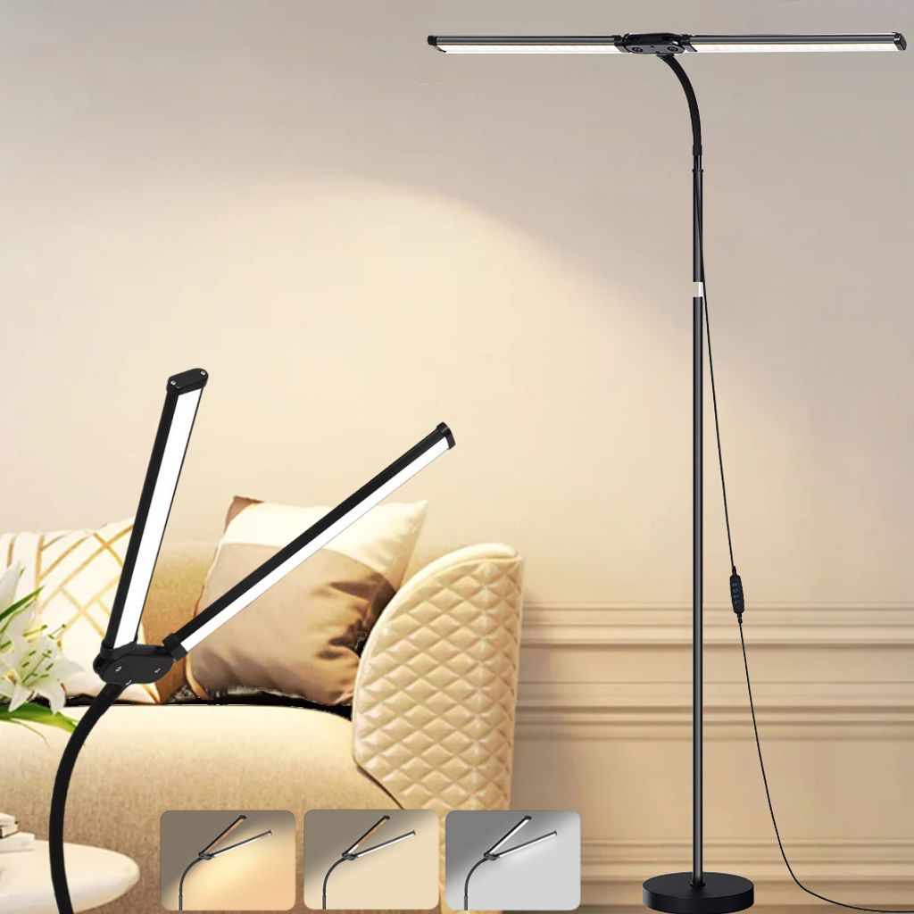 Höhenverstellbar LED Leselampe Dimmbar Doppelkopf Stehlampe 3 Farbmodi 10 Helligkeiten Bogenlampe Augenschutz Stehleuchte Schwanenhals Standleuchten