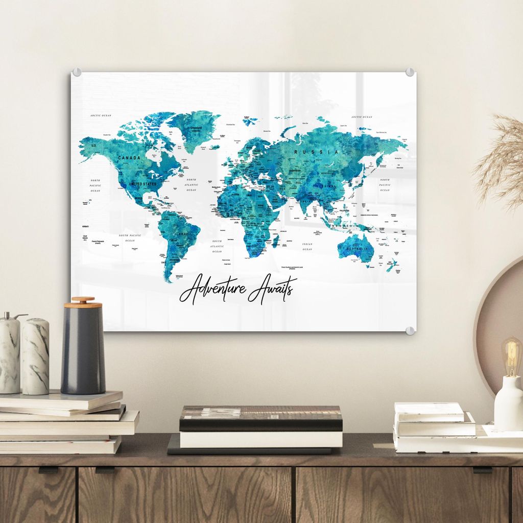 MuchoWow Glasbilder - Bilder auf Wandbild - Foto auf Glas Weltkarte - Blau - Farbenfroh 40x30 cm Wanddekoration aus Glas - Acrylglasbild - Acrylbil...
