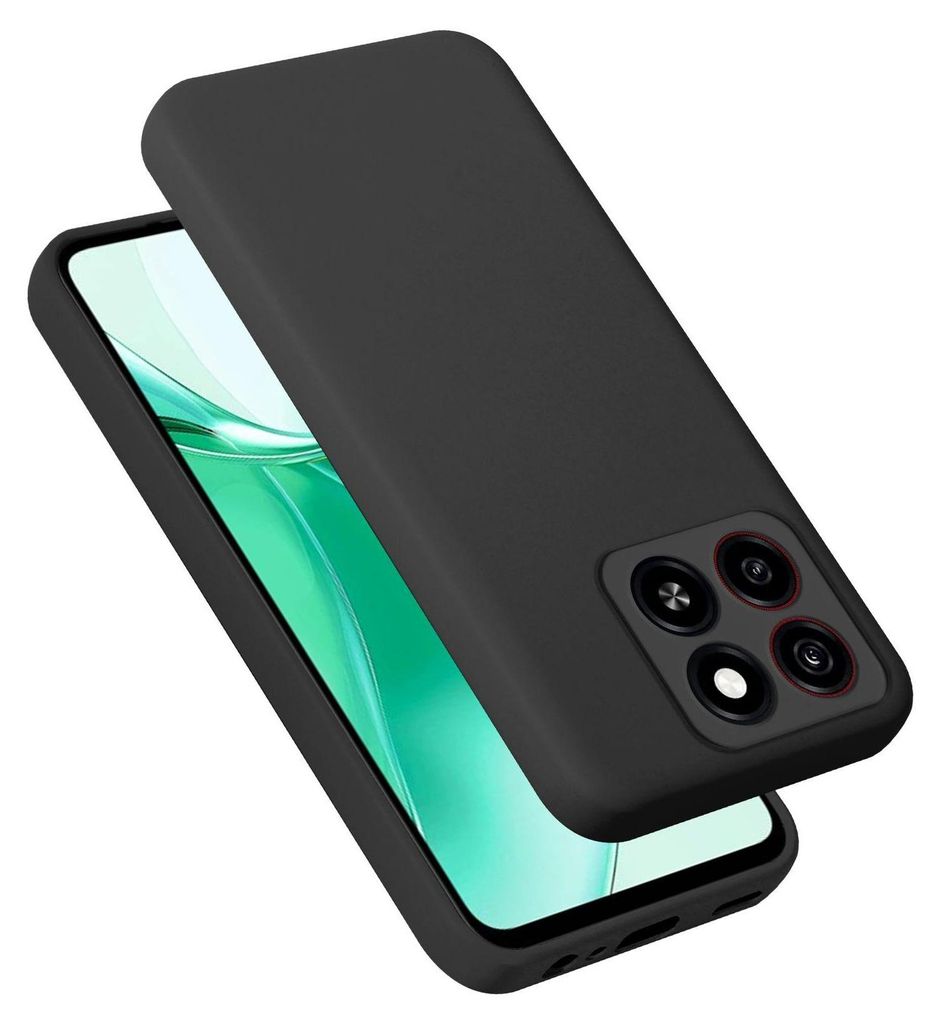 A black phone case is shown on a white background, with the phone screen visible underneath.