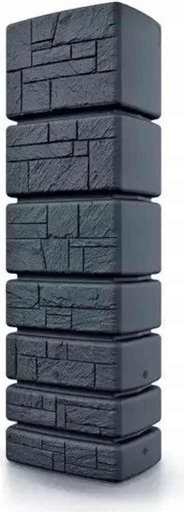 A tall, dark grey water butt with a stone-like texture, stacked in sections.
