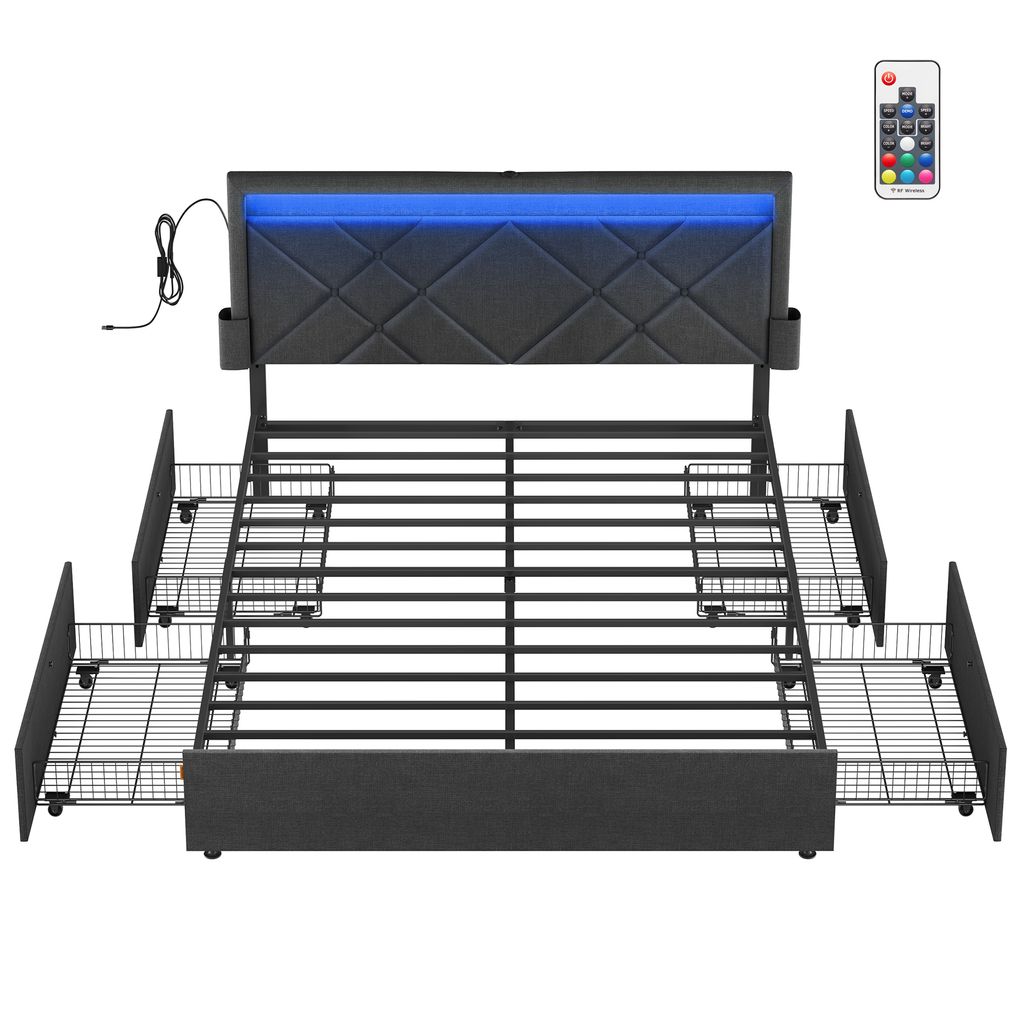 VASAGLE Doppelbettgestell, Bettgestell, 140 x 200 cm, LED, Metallbett, 4 Schubladen, Ladestation, verstellbares gepolstertes Kopfteil, Schiefergrau