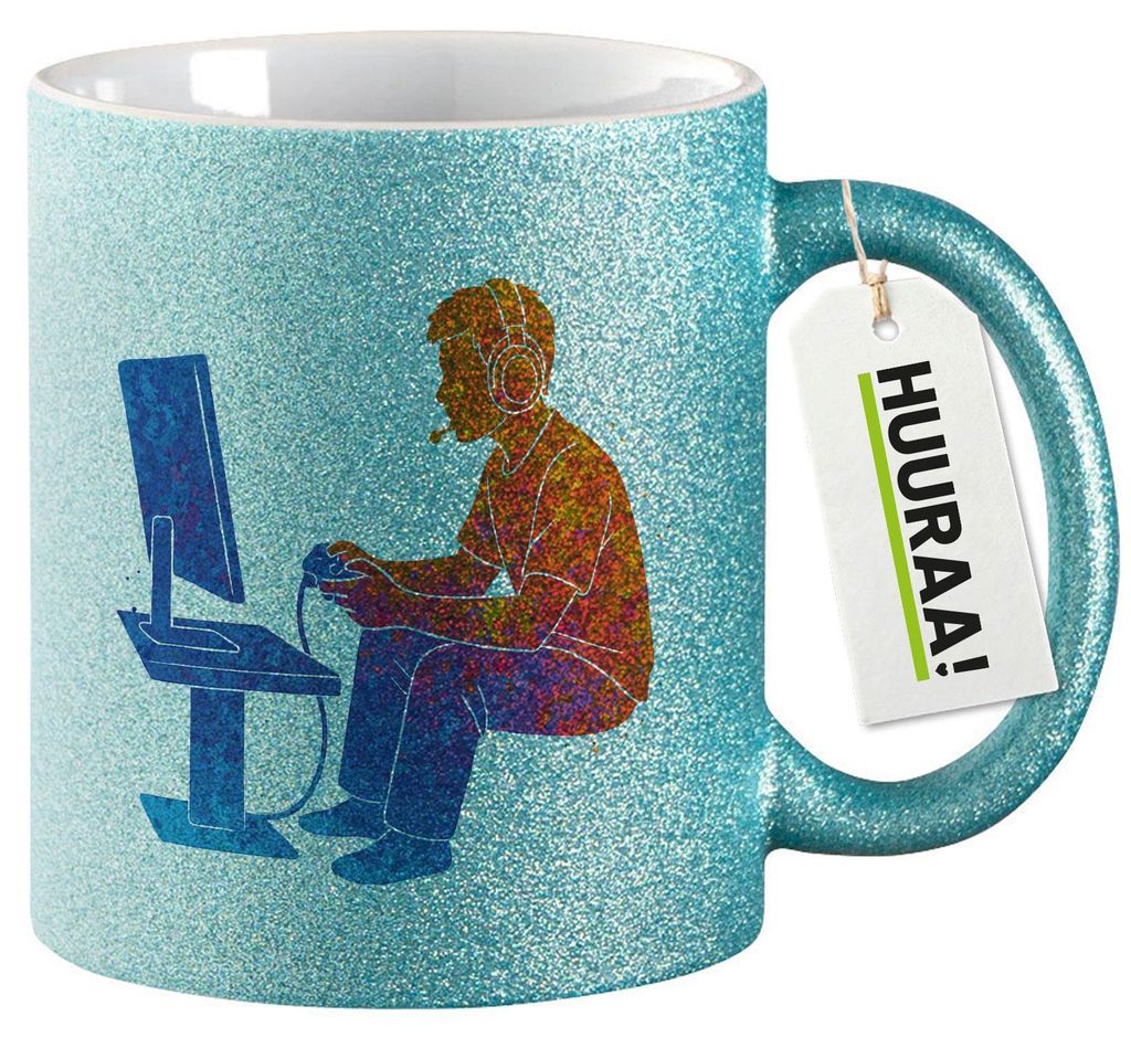 Huuraa Glitzertasse Gaming bunte Silhouette 330ml Blau Keramik Kaffeebecher Geschenkidee
