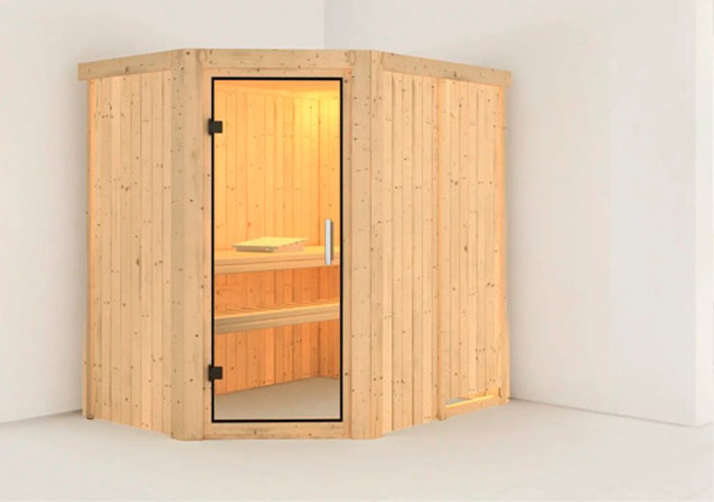 Elementsauna Karibu Carina ohne Ofen ohne Dachkranz mit Ganzglastüre aus Klarglas