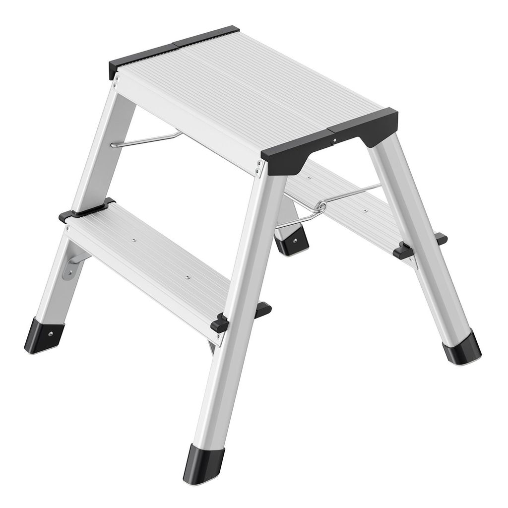 Hailo D60 StandardLine Alu Doppelstufen-Trittleiter - 2-stufiger Klapptritt mit Soft-Grip-Sohlen und Klappsperre - Arbeitshöhe bis 240 cm - Gewich...
