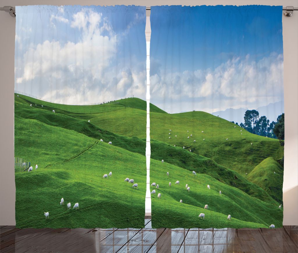 ABAKUHAUS Grün Weiß Rustikaler Gardine, Schafe und blauer Himmel, Schlafzimmer Kräuselband Vorhang mit Schlaufen und Haken, 280 x 175 cm, Grün ...