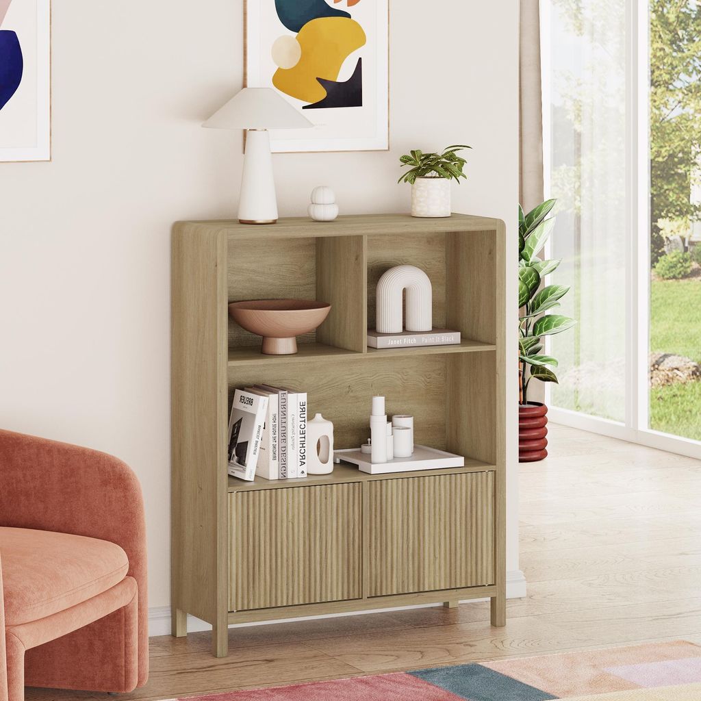 Highboard 'Lukkodso' Kommode 103 x 80 x 28 cm Sideboard mit 2 Türen und 5 Fächern Eicheoptik, rustikal