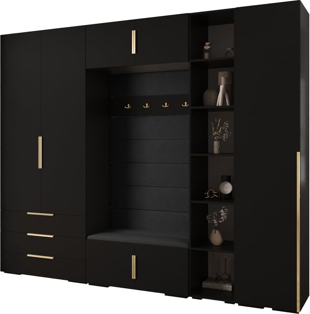 MEBLE KRYSPOL Inova 1 Möbelset Garderobe, 236,7x290x47cm - Schwarz, Manila 18, Gold