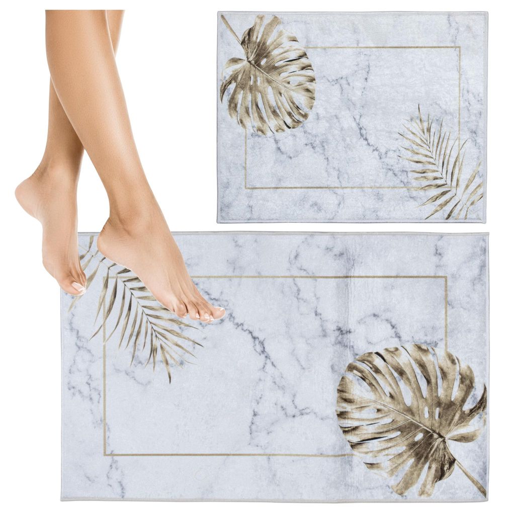 Badteppich Set 2 teilig - Badematten Waschbar - Rutschfest - Monstera-Muster - Waschbar