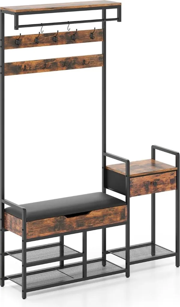 Porte-manteau avec banc à chaussures et tiroir en bois noir - Modèle L80