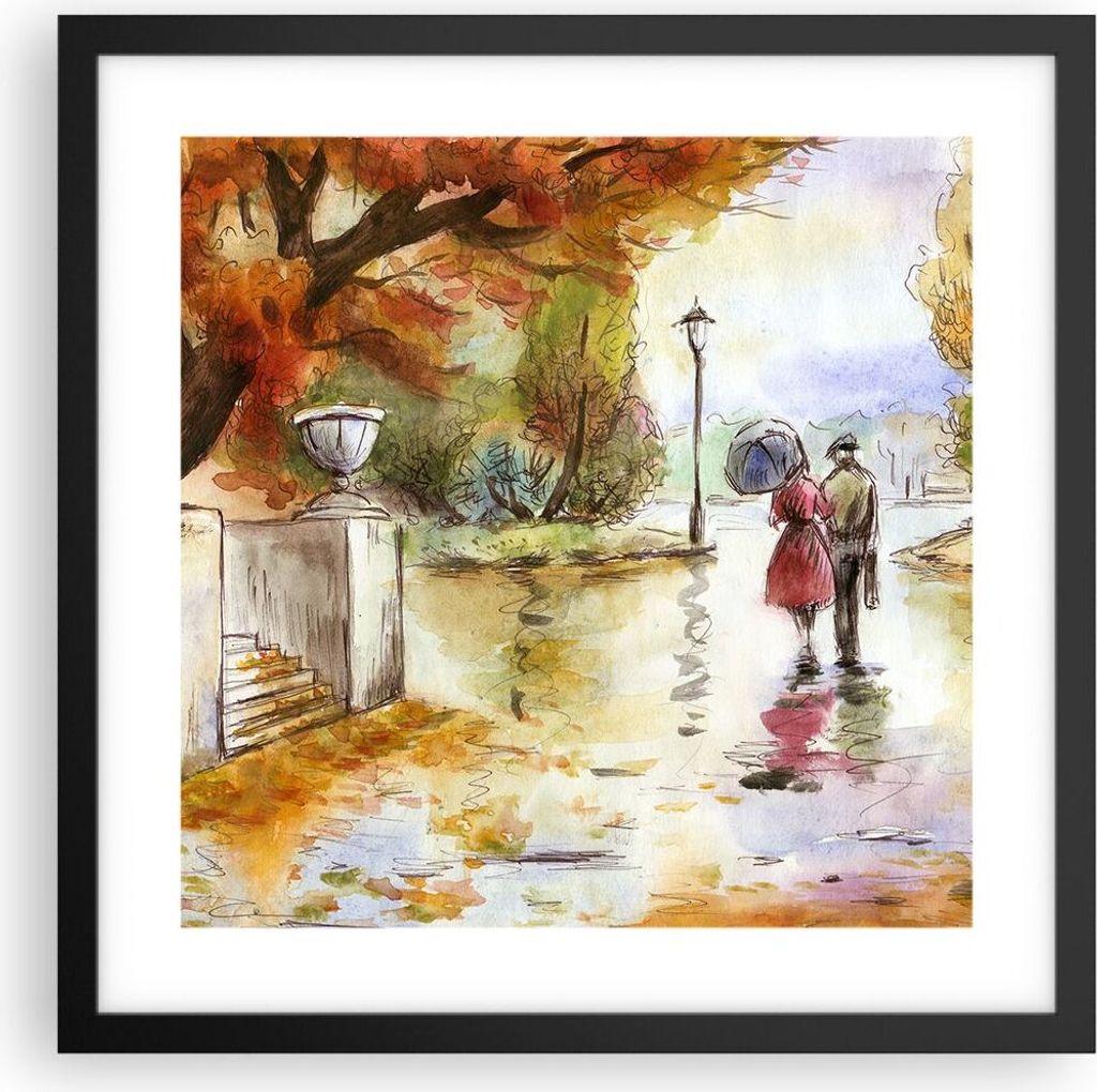 Gerahmtes Poster - Schwarzer Rahmen - Wetter regen herbst park - 40x40 cm - Wand Bild - Wanddeko - Wandbilder - Wandposter - Bilderrahmen - Bilder ...